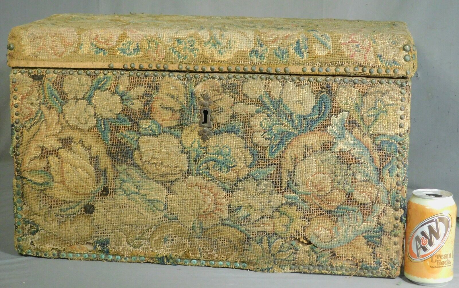 Antique 17th Century Verdure Tapestry Lady's  Box Chest Flemish Wrought Iron OLD