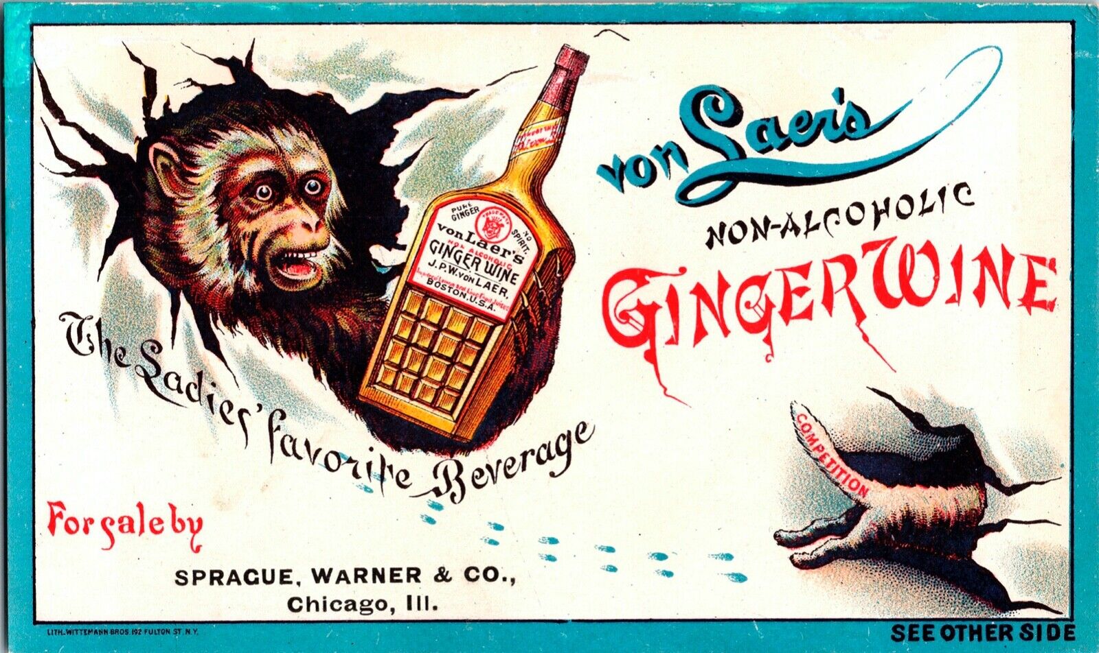 Antique Von Laer's  Quack Remedy Ginger Wine, Monkey, Cat, Temperance Trade Card