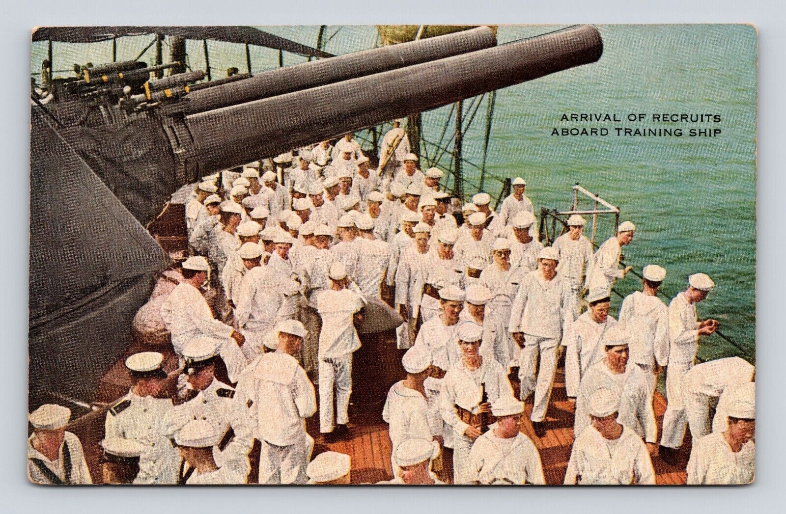 Postcard WWI WW1 Navy Recruits Arriving Training Ship Naval Guns WW1 Uniforms