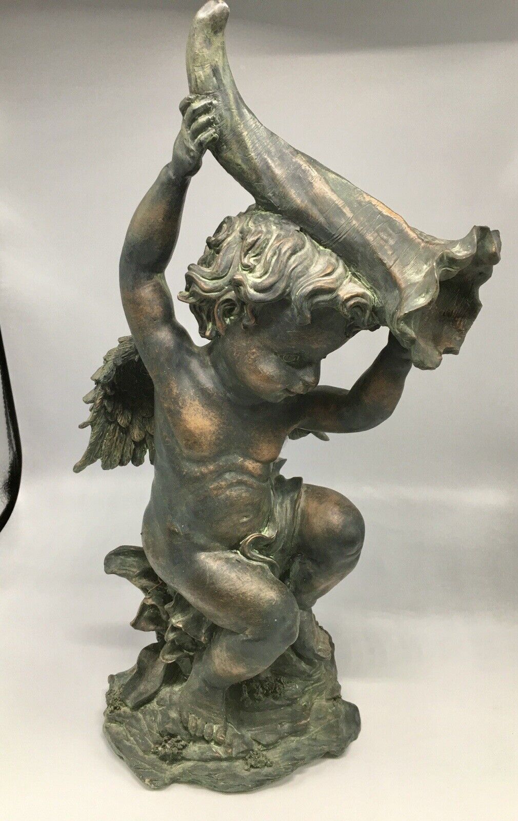 VTG Hand Cast & Painted Resin Cherub Angel Statue. 16x8 inches. Indoor-Outdoor