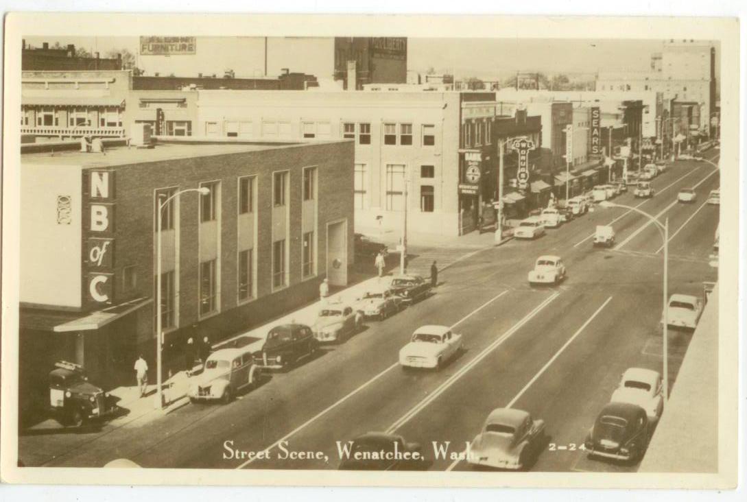 c1940s Wenatchee Washington downtown Real Photo Sears, Owl Drug, N B of C, Kress