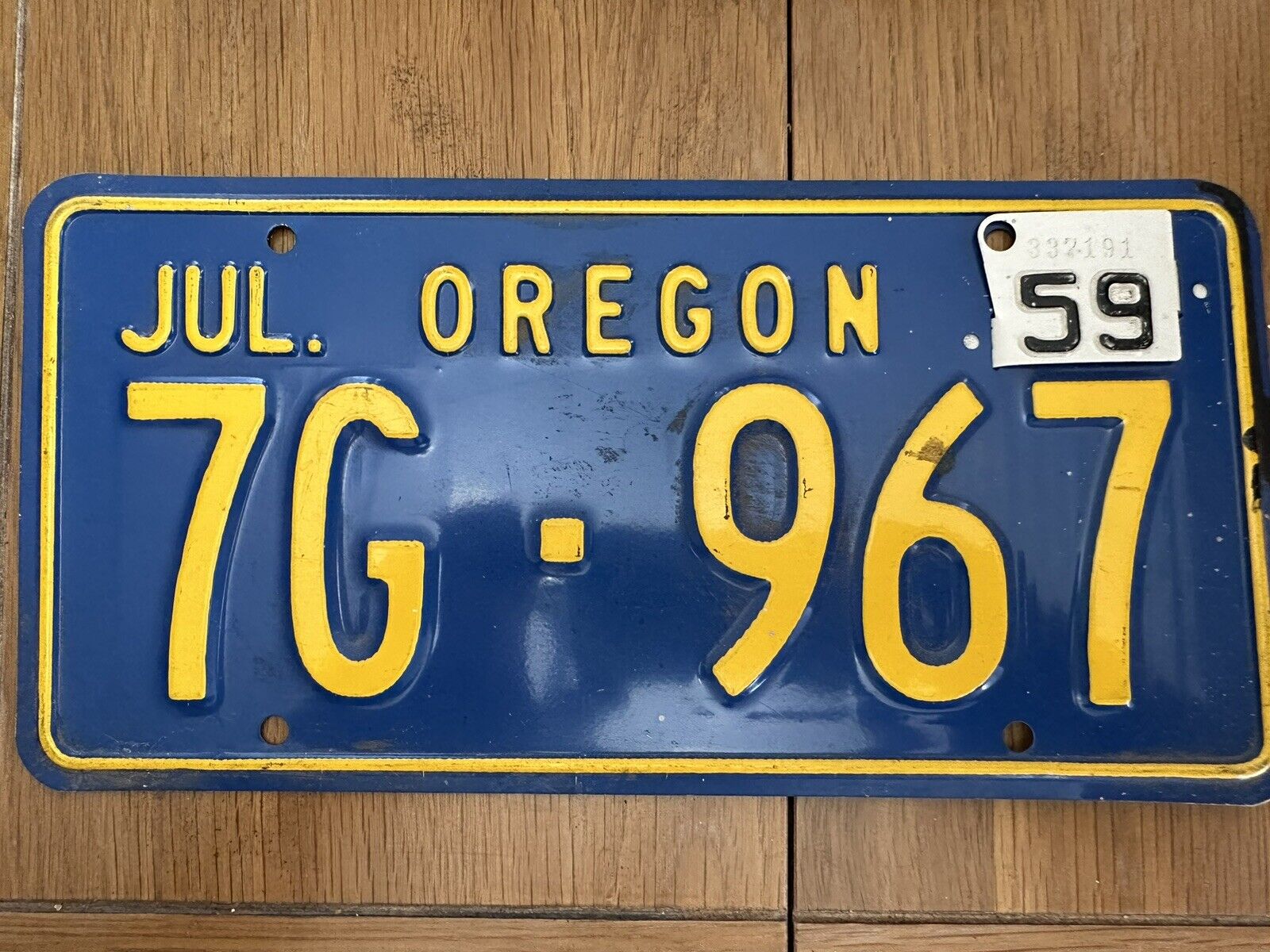VINTAGE 1959 OREGON LICENSE PLATE TAG TAB BLUE WHITE PRE-OWNED USED