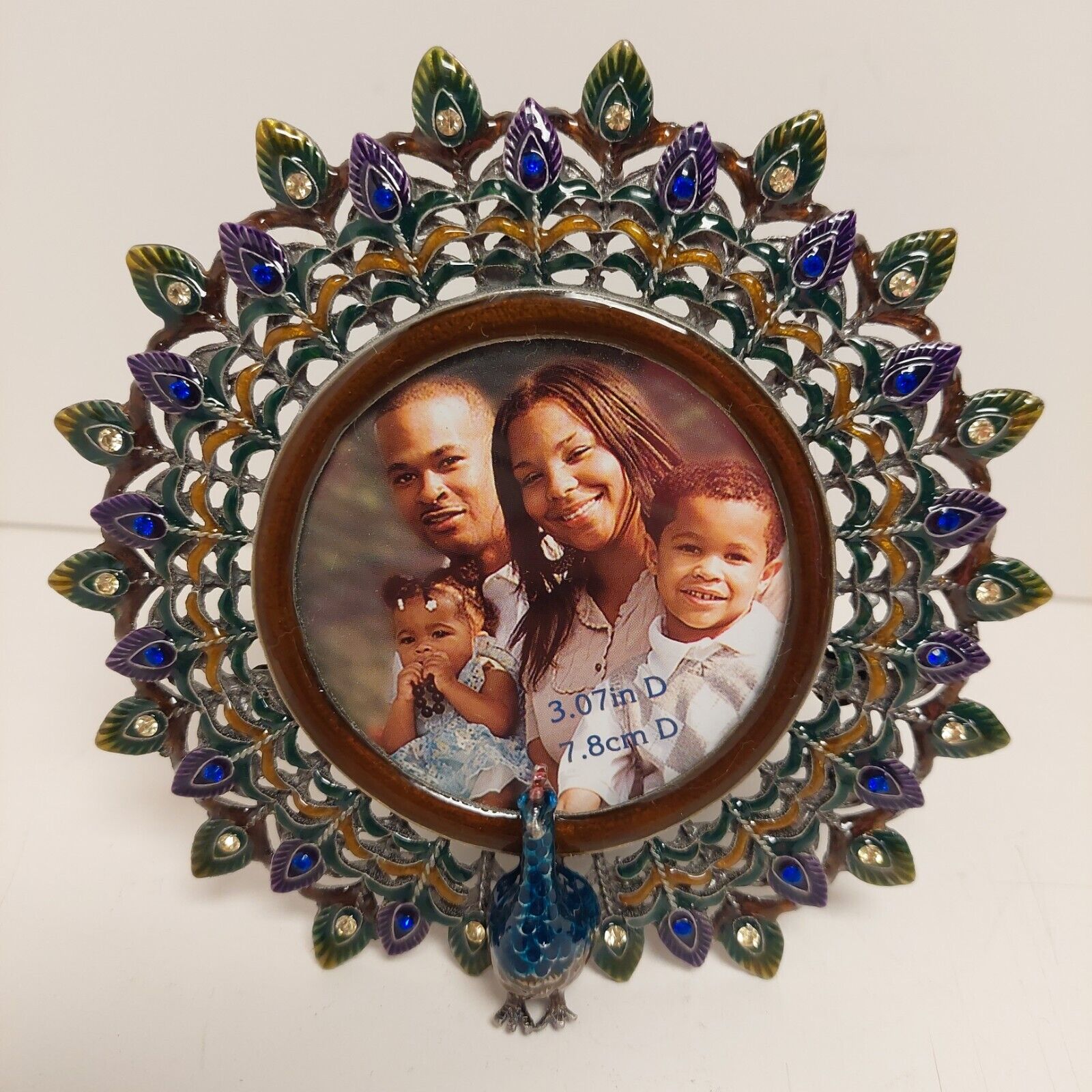 Round Peacock Picture Frame Enamel Jewels For 3.07 Inch Picture   