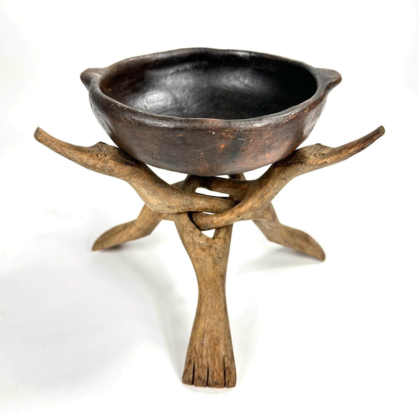Unique vintage Wood African Tribal Art Decor Hand made bowl on Crocodile tripod