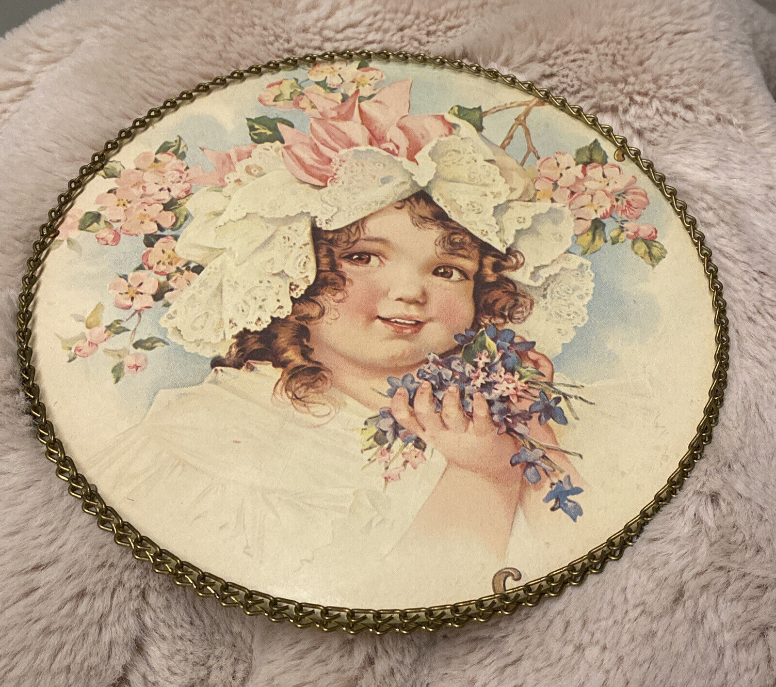 Antique reproduction flue cover wall art metal chain girl Holding Little Flowers