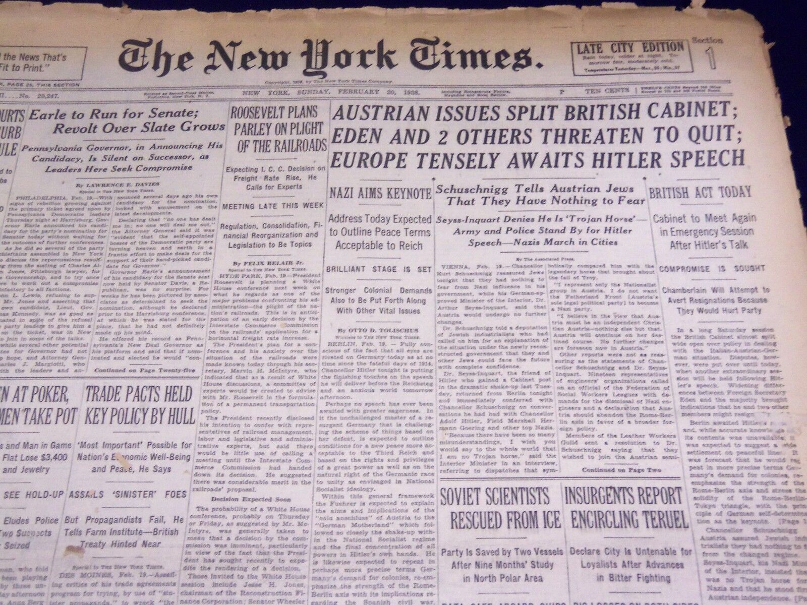 1938 FEB 20 NEW YORK TIMES - AUSTRIAN ISSUES SPLIT BRITISH CABINET - NT 2393