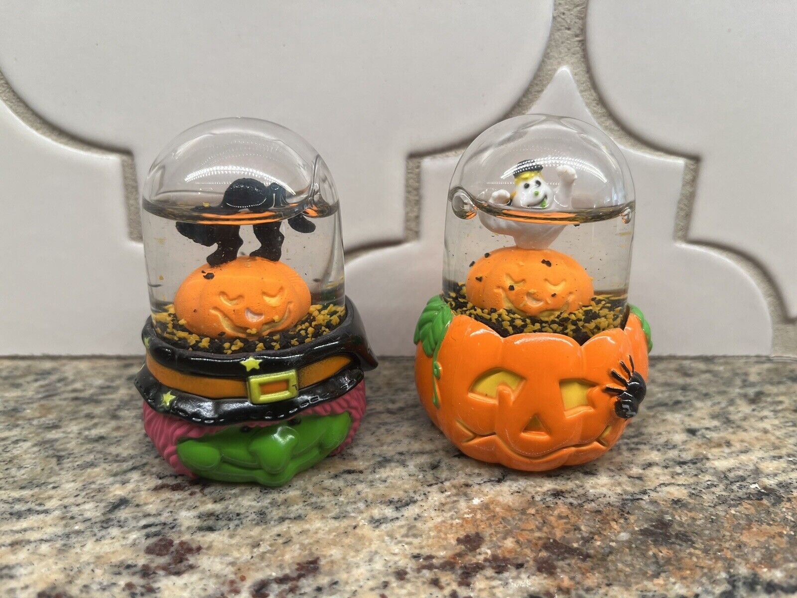 TWO Kcare Halloween Jack o Lantern Pumpkin Ghost & Witch w/Cat Snow Globe Vtg