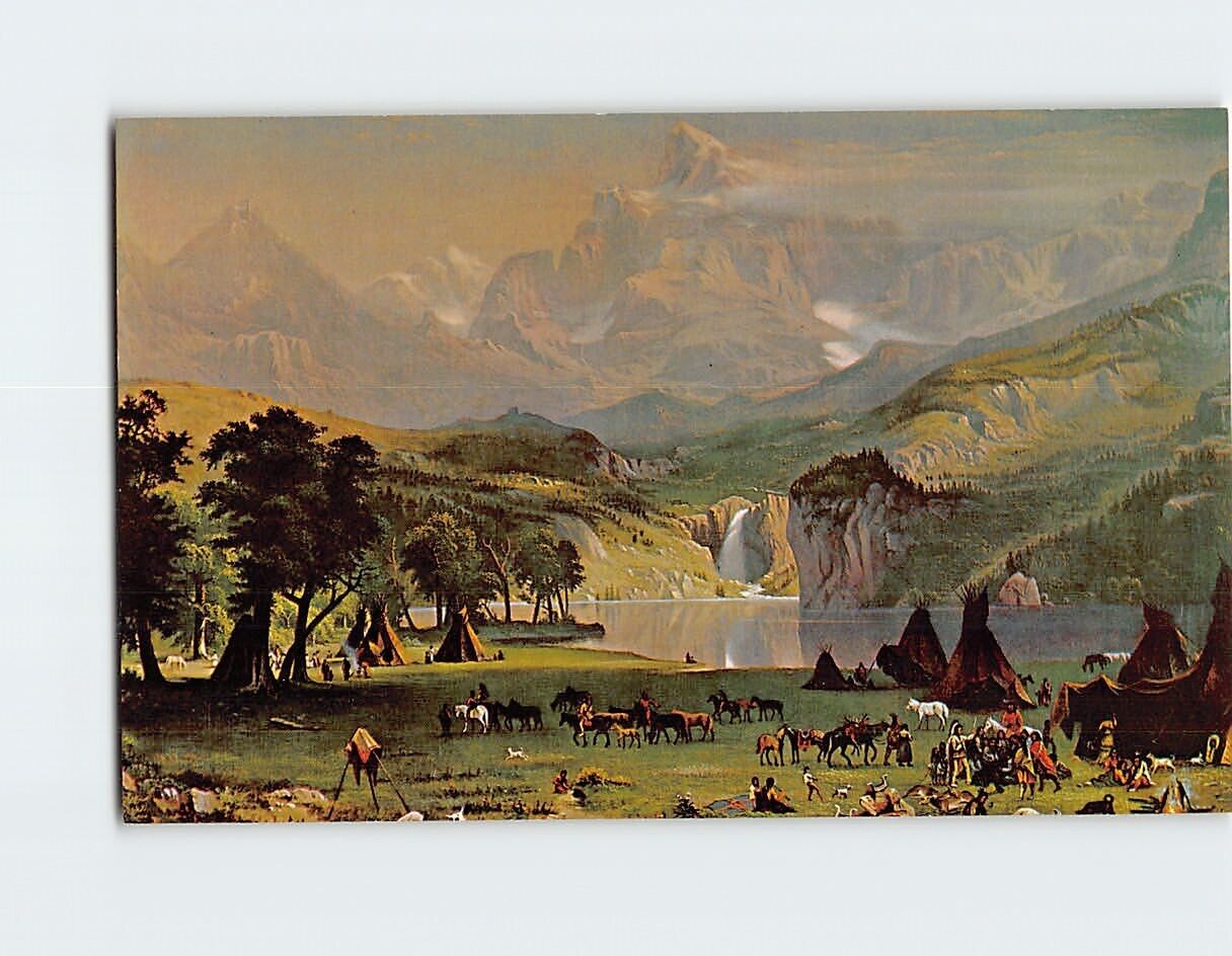 Postcard American Indian Encampment In The Rockies By A. Bierstadt Cody WY USA