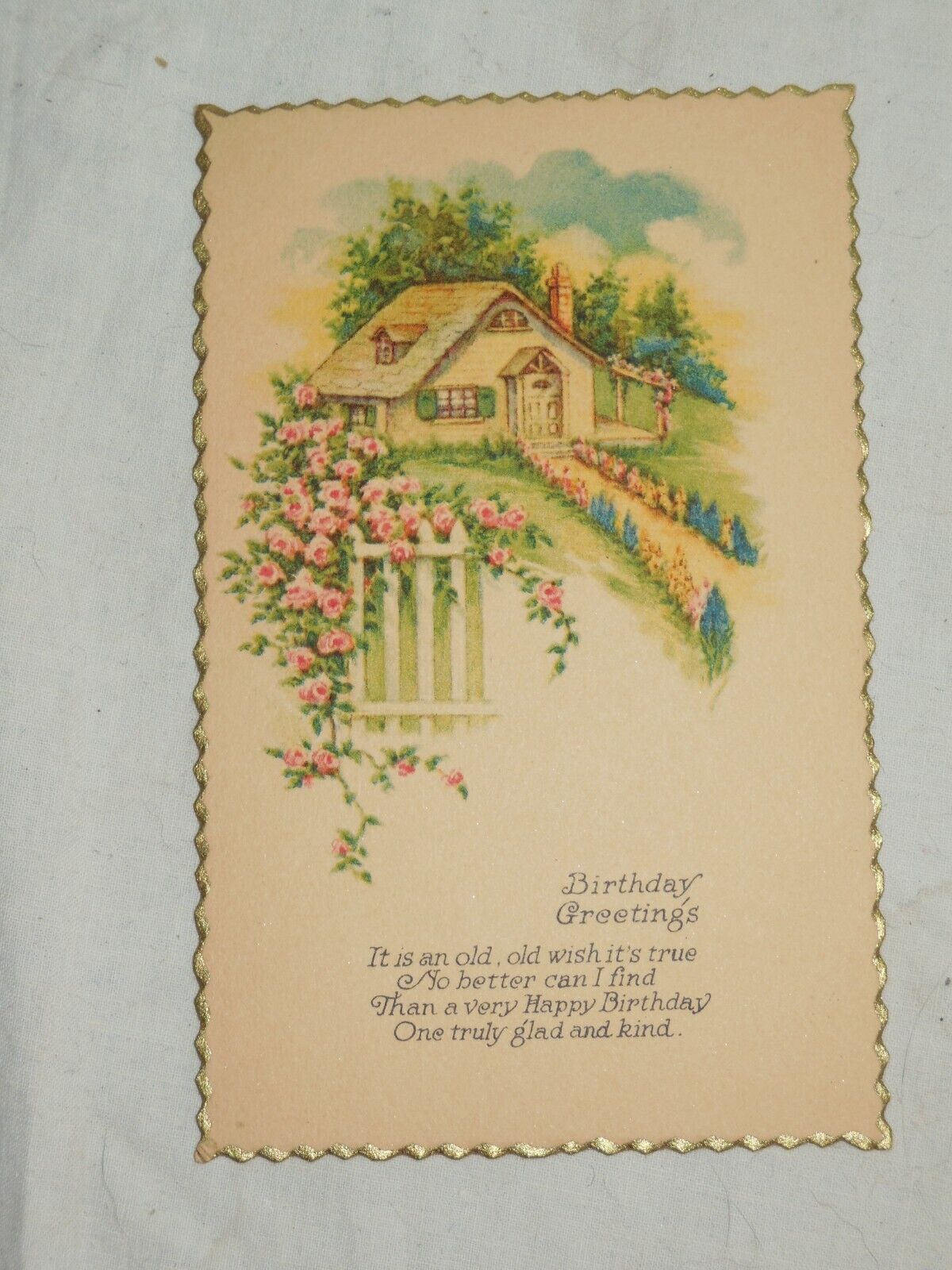Antique Happy Birthday Greetings Postcard Garden Cottage Unused