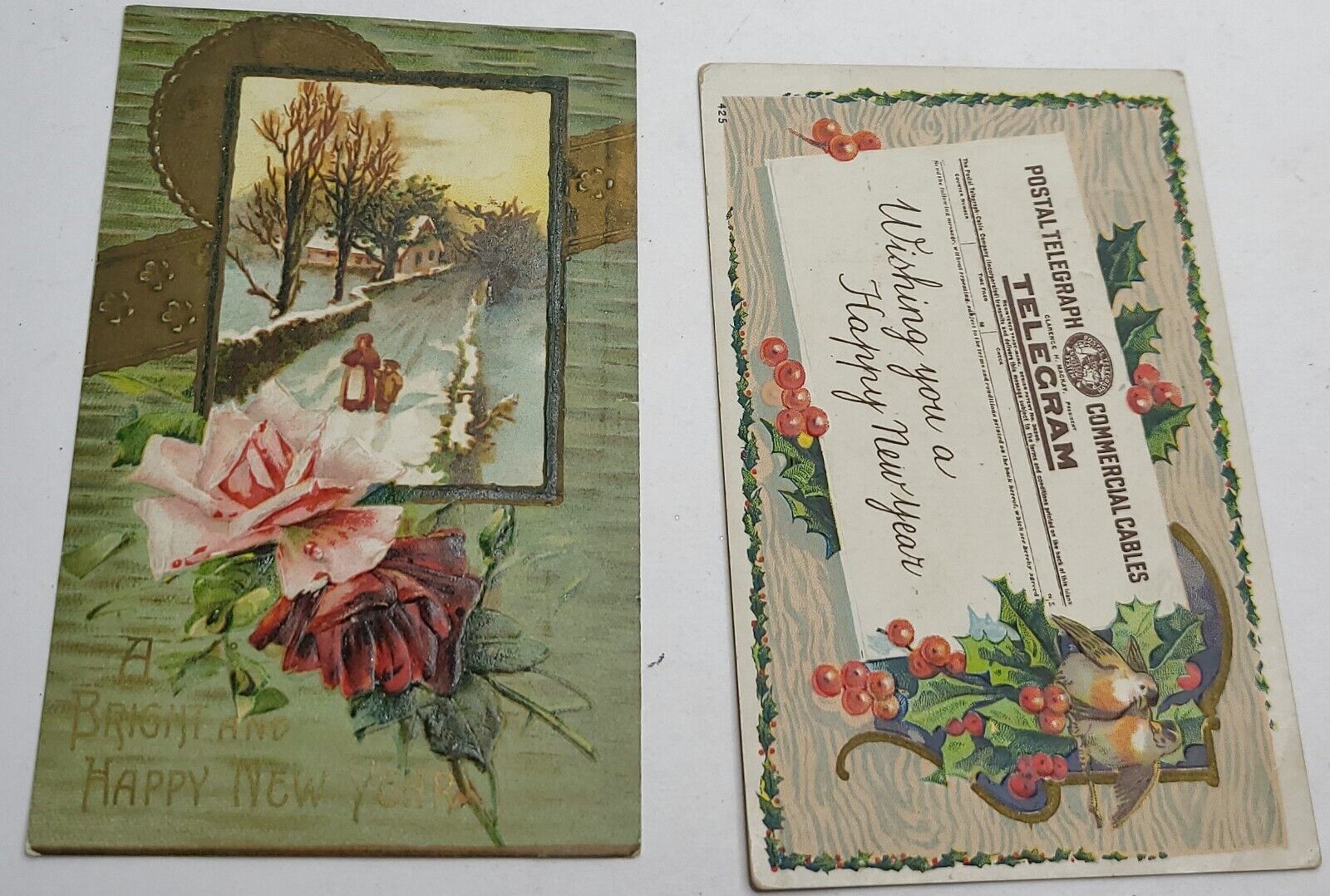 2 Vintage New Year Greetings Postcards Card Ephemera Embossed Roses Holly