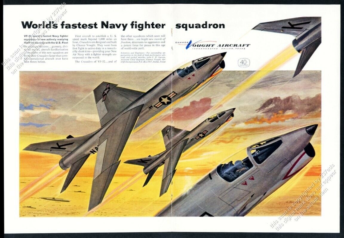 1957 Chance Vought Crusader plane dramatic color art vintage print ad