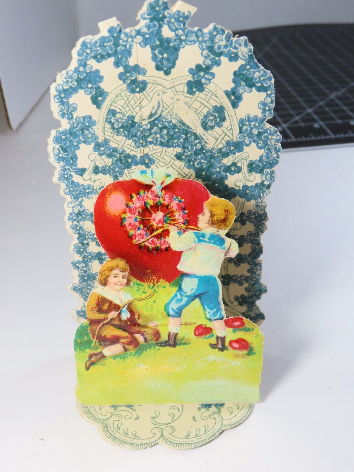 Antique Valentine Card Die Cut Fold Out Boys Bow Arrow Embossed Germany C7557