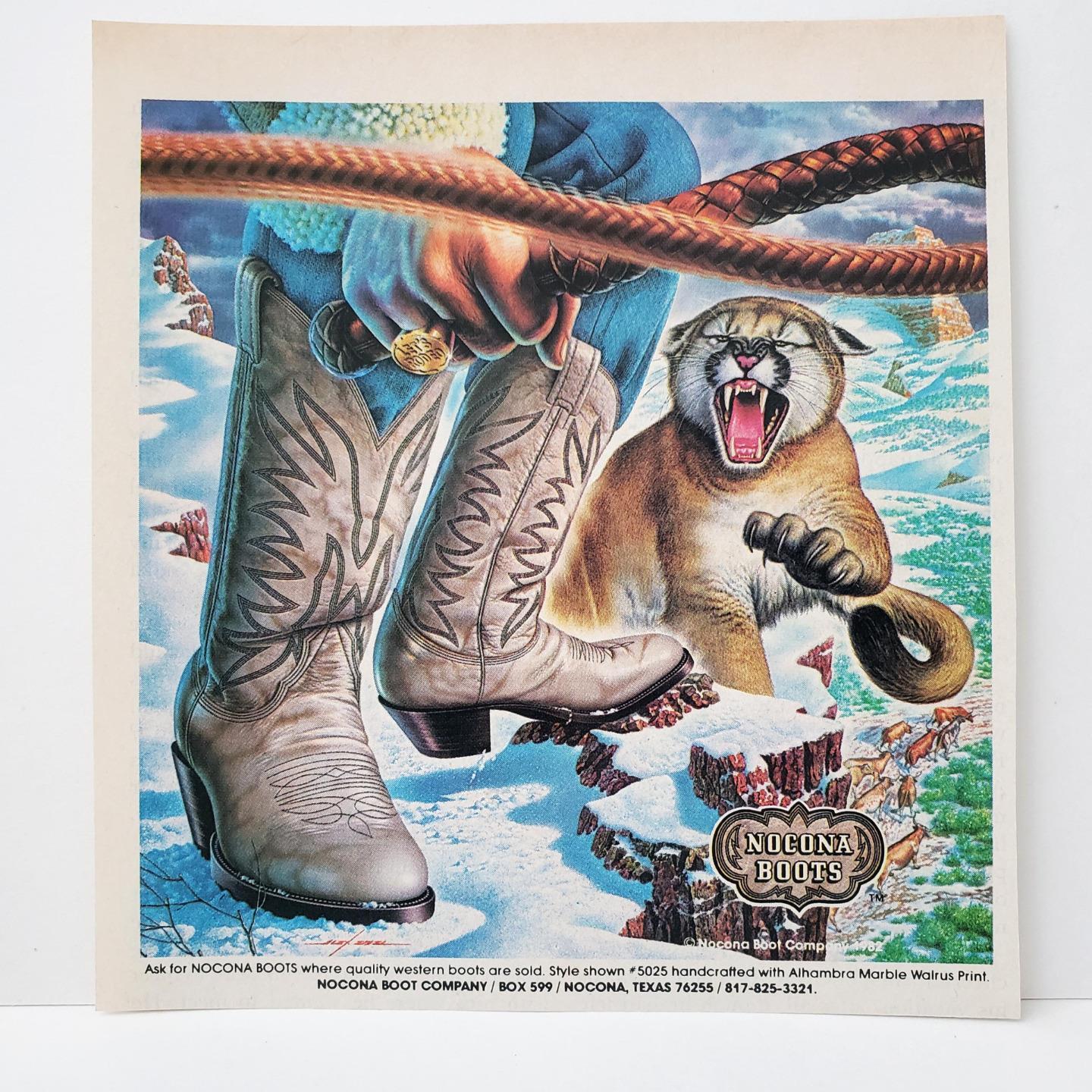 1983 Nocona Boots Mountain Lion Snow Cowboy Western Alex Ebel Art Print AD