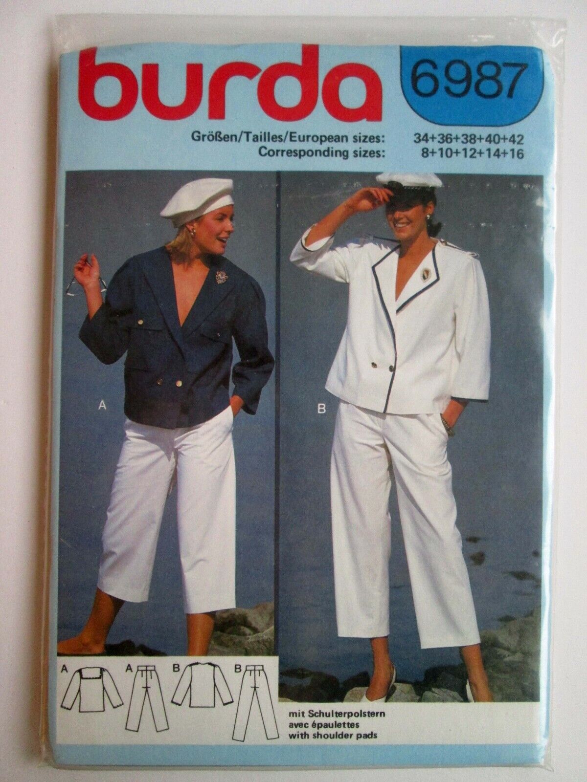 NEW Vintage BURDA Sewing Pattern Pants Shirt Sailor Hight Waist Capri 80s 6987