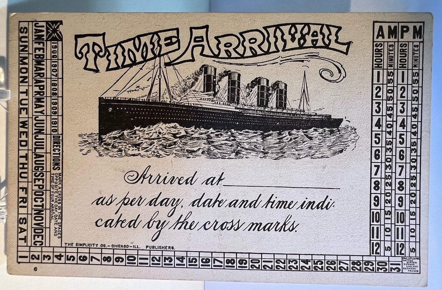 RARE 1907 Time Card Arrival Steamer Ship Boat Postcard History Transportation