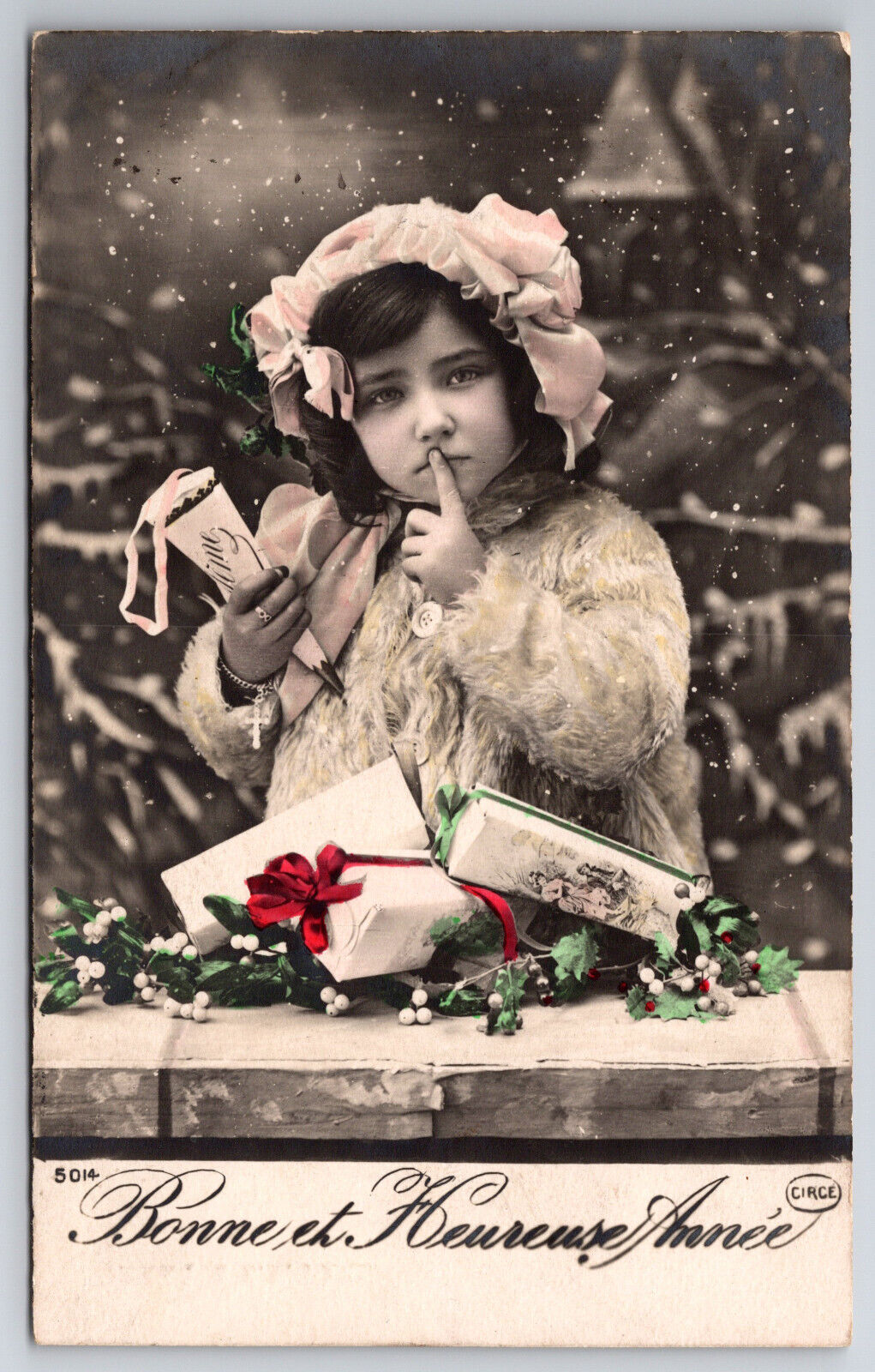 Vintage C1913 Tinted French Postcard Adorable Girl with Presents