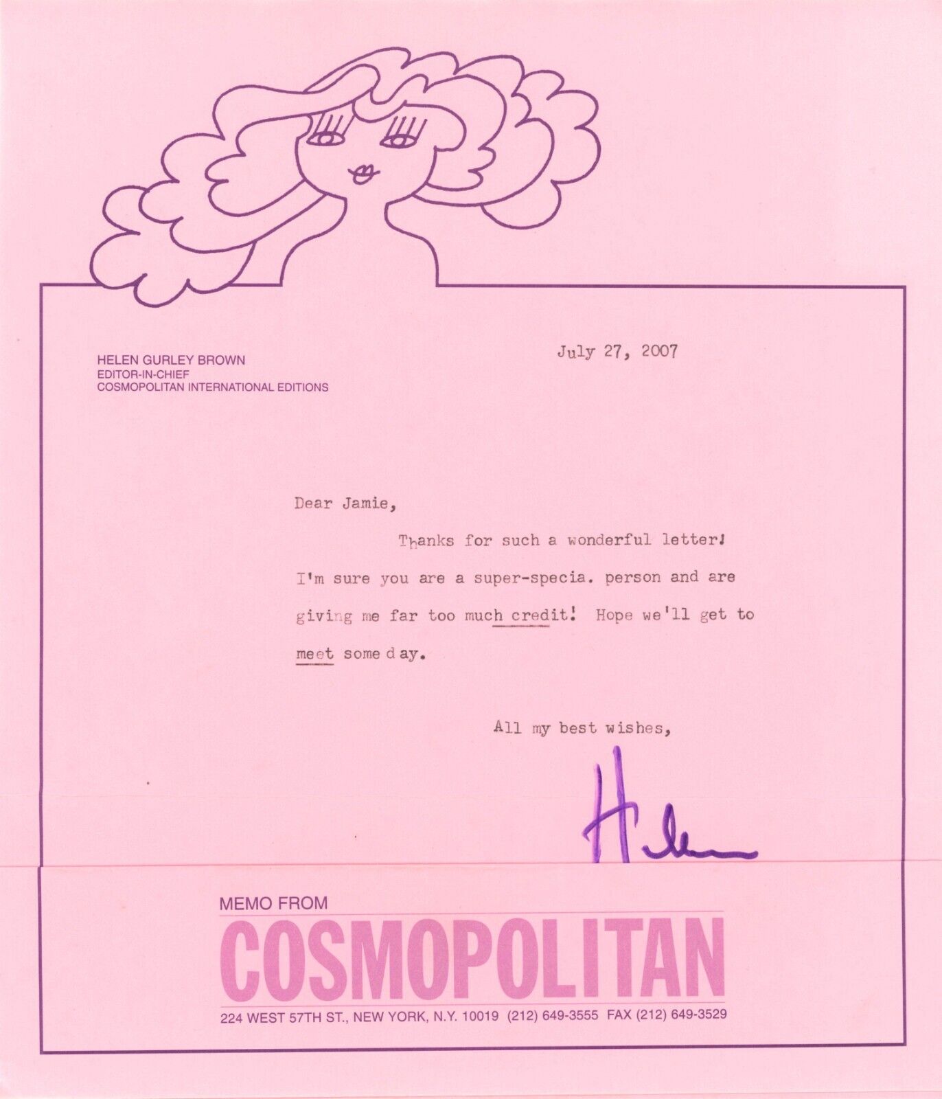 Helen Gurley Brown Signed letter - Cosmopolitan