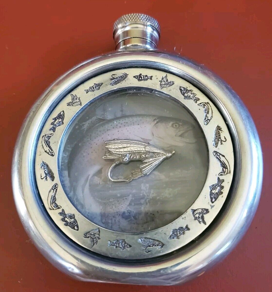Rare Vtg Fine British Pewter Flask w/fly Fishing Lure Engraving Made In 🇬🇧 EUC