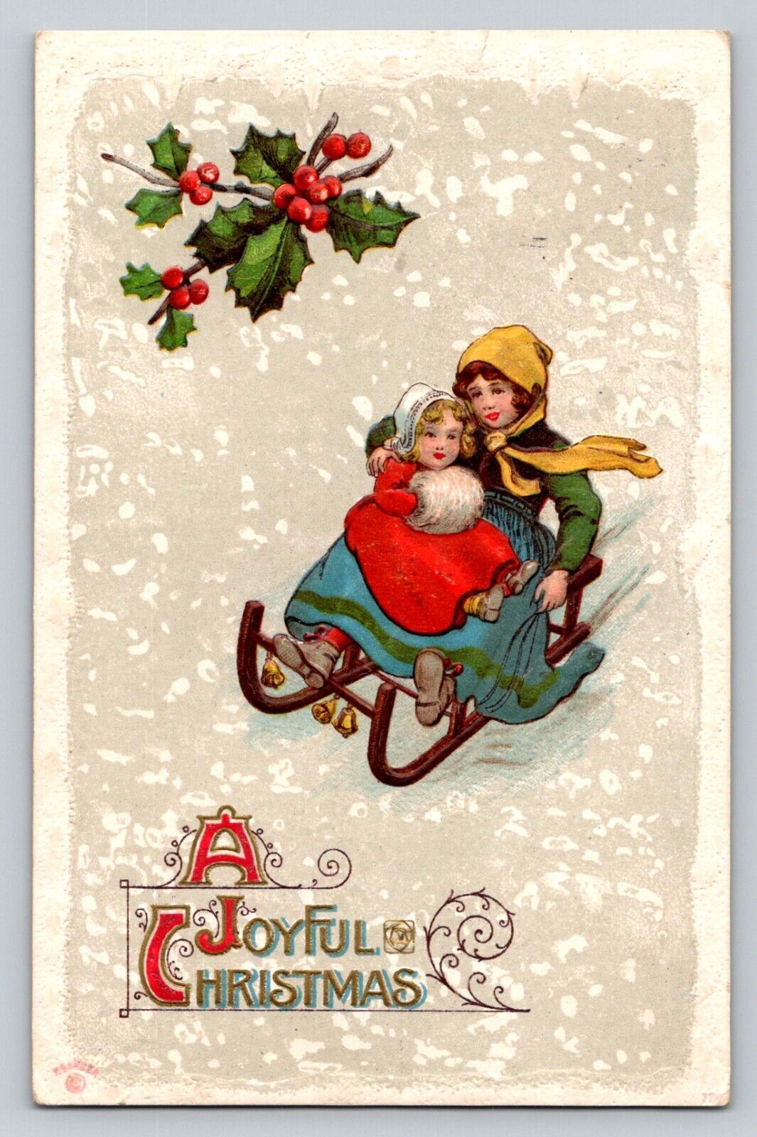 c1910 Children Sled Downhill Snow Girls Joyful Christmas P281