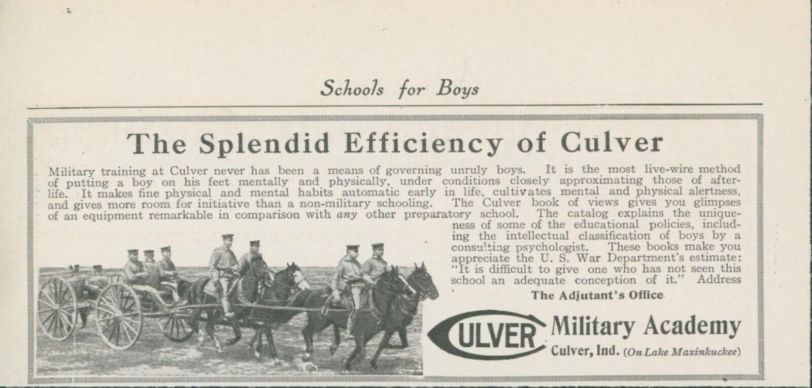 1915 Culver Military Academy Splendid Efficiency Horse Riders Wagon Ad CO7