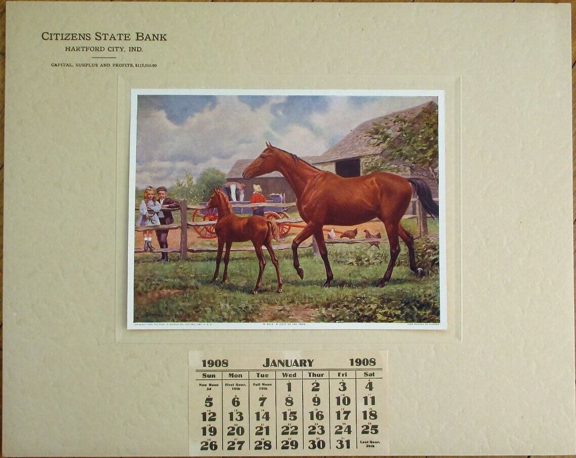 Hartford City, IN 1908 Advertising Calendar: Citizens Sta Bank - Horse Farm Art