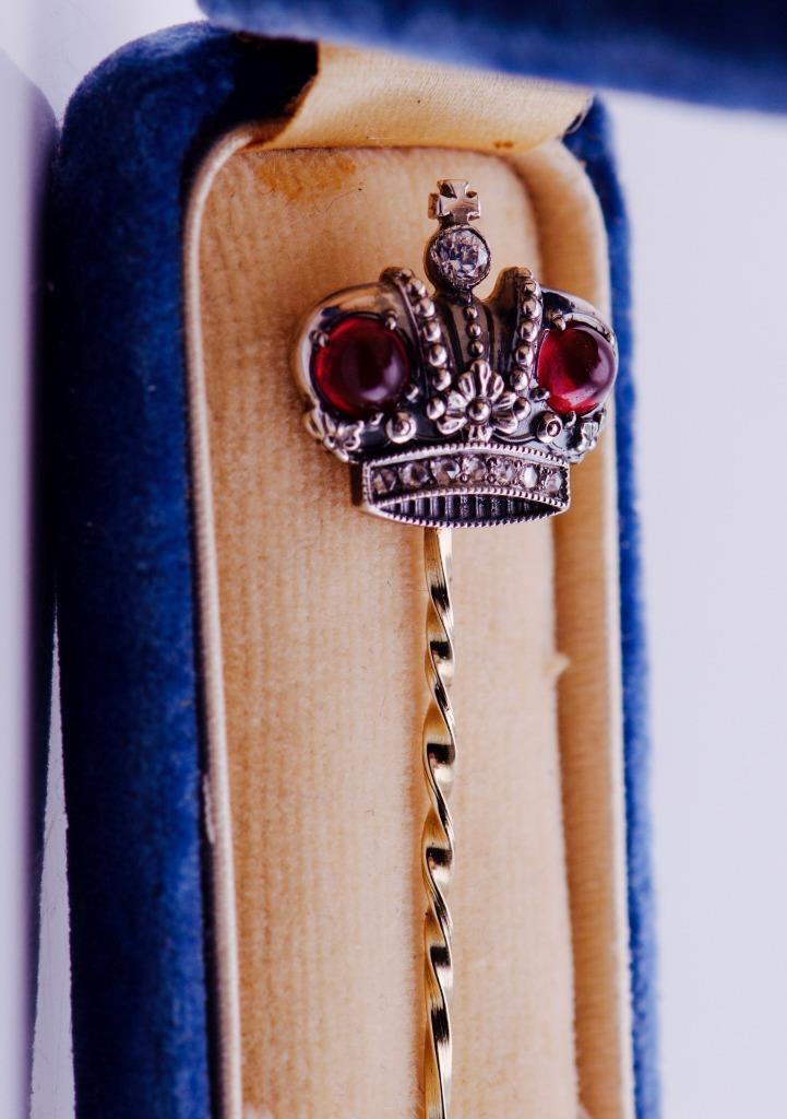 Antique Empire Crown Lapel Pin Diplomatic Award Gold Diamond Ruby c1890 Boxed