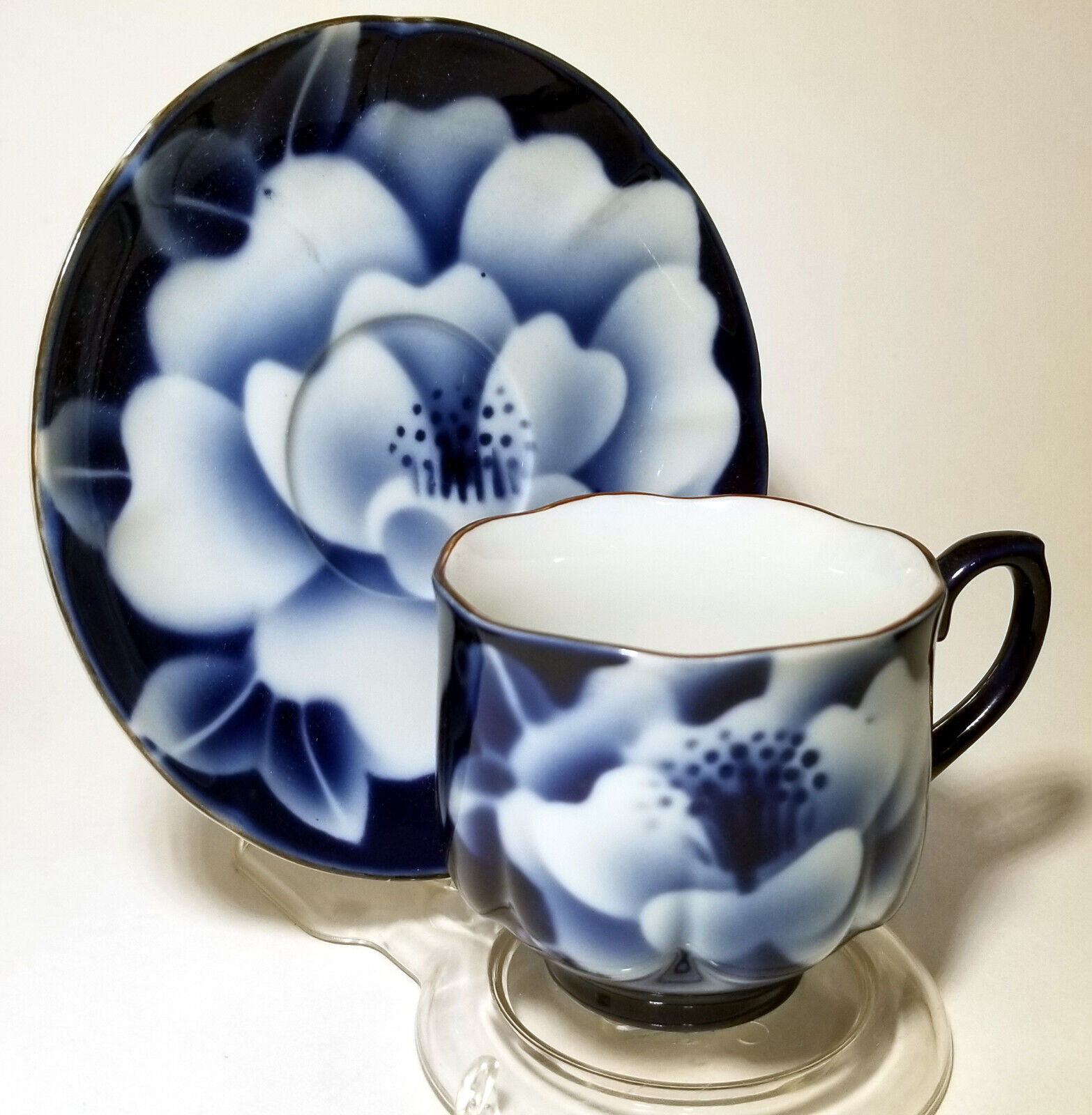 Vintage KT Hand Spray in Glaze Cobalt Flow Blue White Flower Cup & Saucer