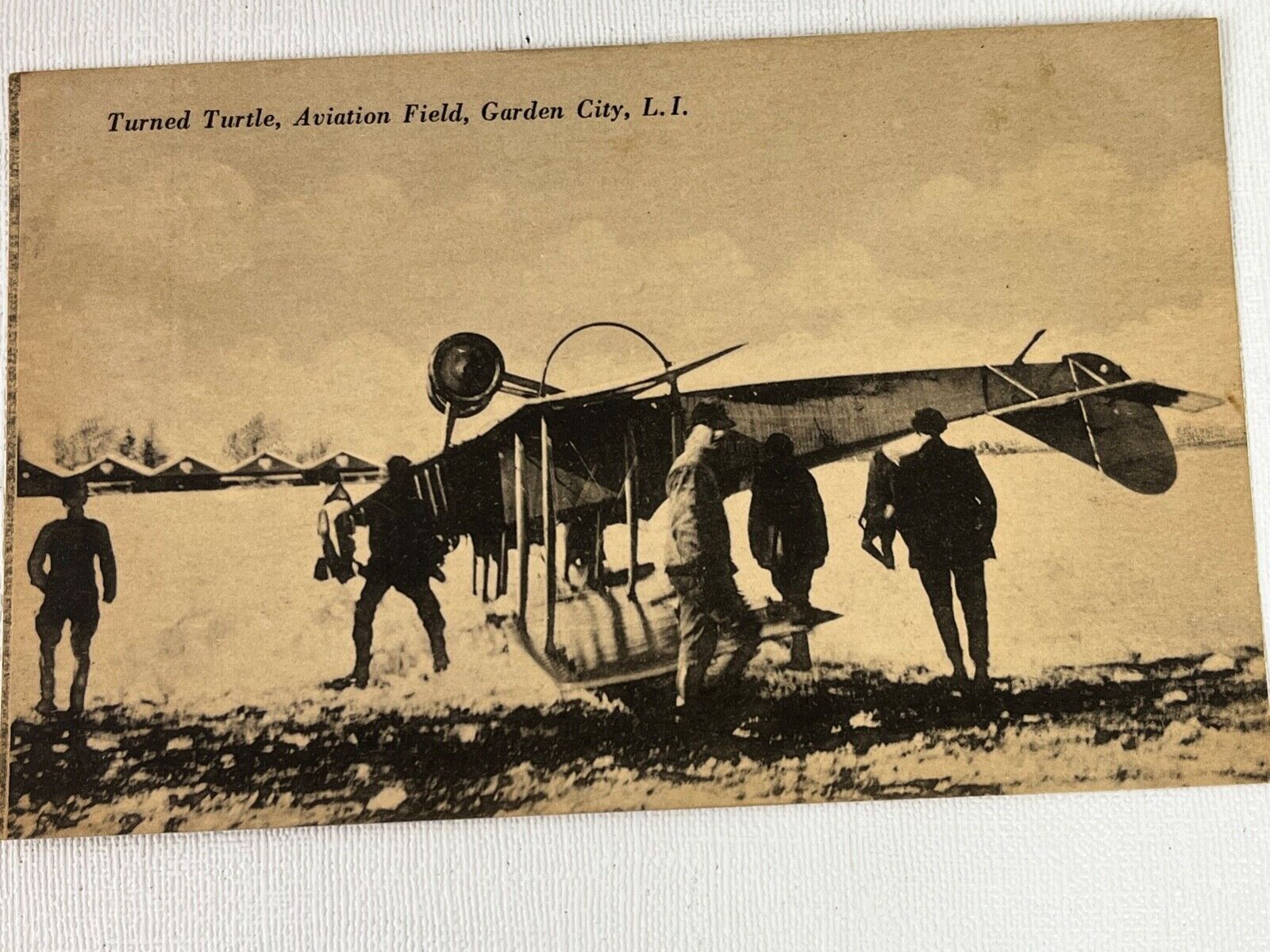 Postcard RPPC Garden City L.I. Aviation Field Early 1900's Bi Plane Crash