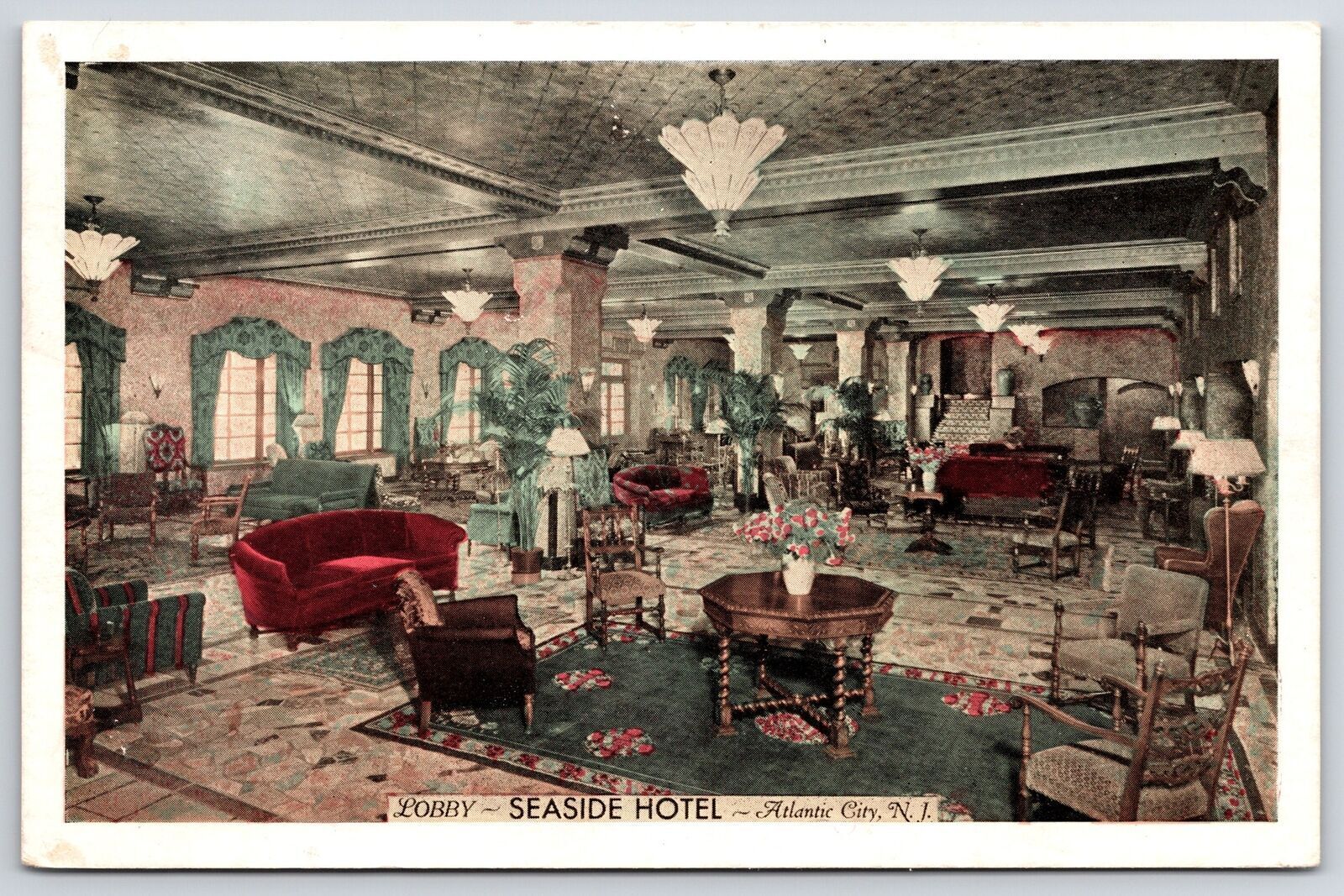 Lobby Seaside Hotel Atlantic City New Jersey NJ Chandeliers Chairs Postcard