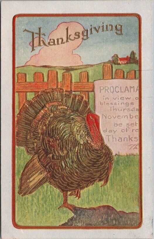 1910s THANKSGIVING Embossed Postcard Turkey / Proclamation on Fence / UNUSED