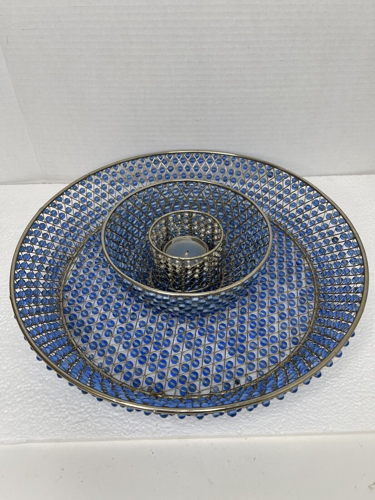 Unique vtg Blue Beaded metal wire bowls Basket (6 & 13”) and Tea-light holder