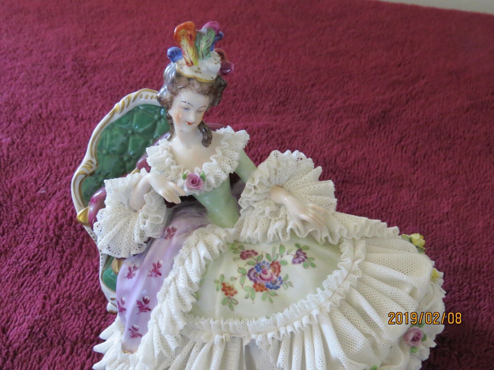 DRESDEN LADY LAYING ON CHAISE LACE PORCELIN FIGURE