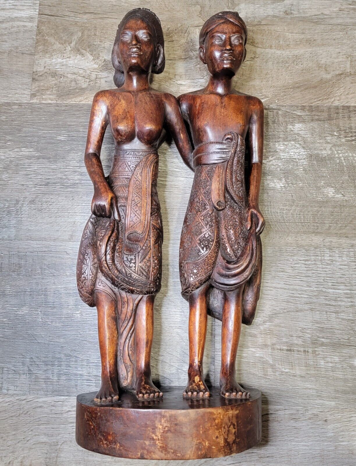 PAIR INDONESIAN BALINESE HAND CARVED WOOD MAN & WOMAN SCULPTURES  21