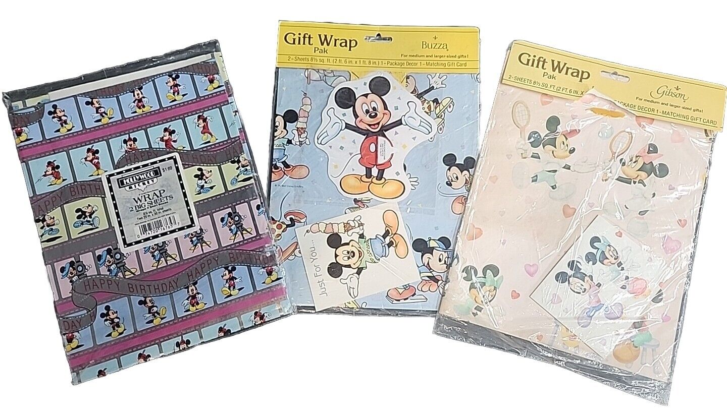 Lot Of 3 Vintage Mickey Mouse Disney Gibson Wrap Wrapping Paper NEW NOS USA 