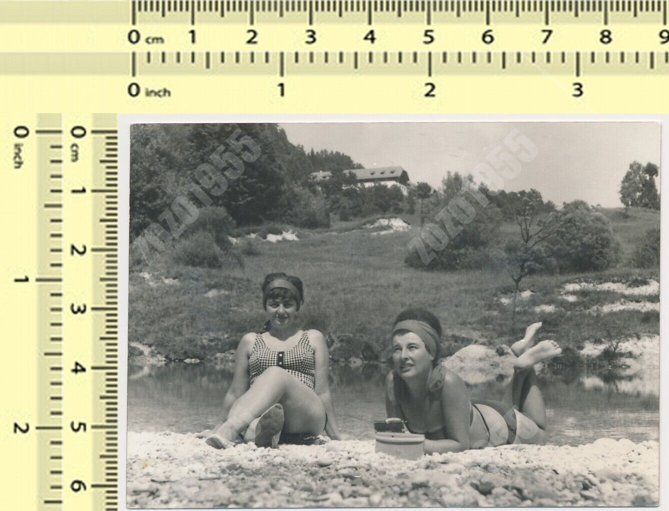1960\'s Two Bikini Woman Laying on Beach Females Fashion Ladies original photo