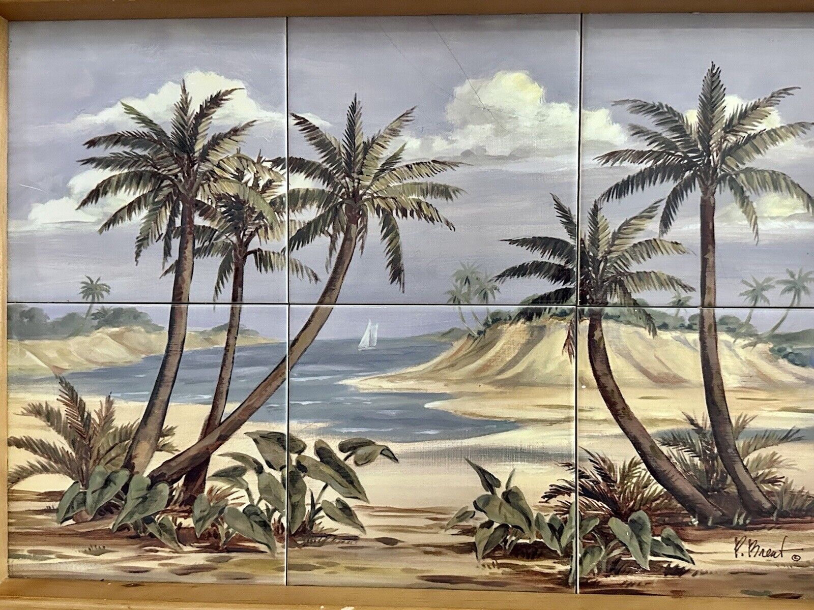 Vintage PAUL BRENT Signed Wood Tray 6 Painted Tiles PALM TREES Island Florida