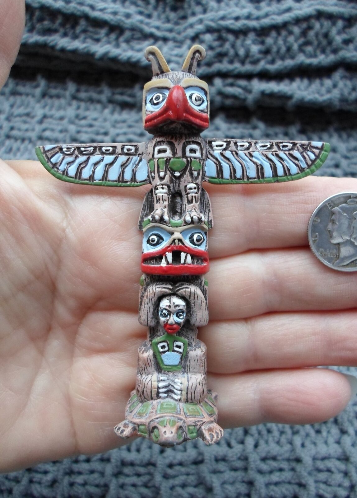 Vintage MINIATURE TOTEM POLE w turtle base - hand painted - by Pewter Image 
