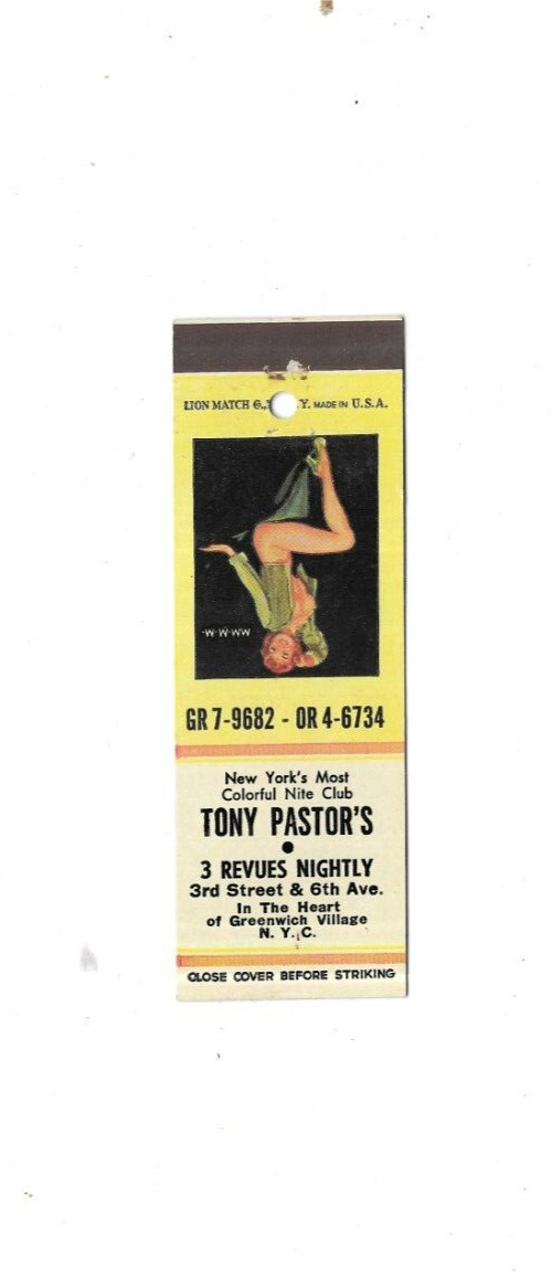 Vintage Matchcover Tony Pastor\'s New York\'s Most Colorful Nite Club    Pinup