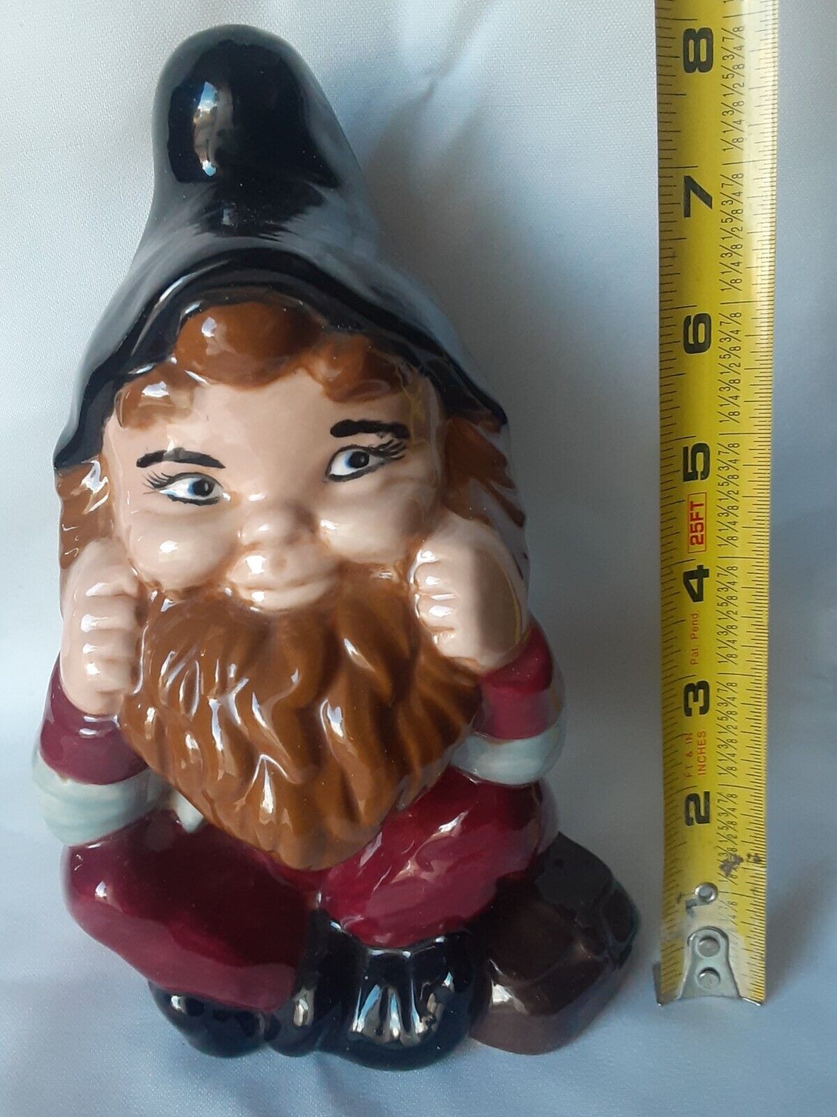 Gnome Ceramic Vintage 1970s Hand Painted  Smiling Sitting 8” Garden