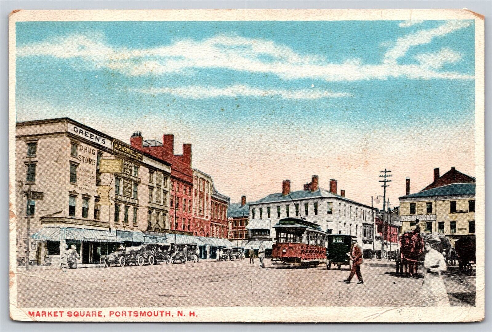 Postcard Market Square, Portsmouth NH trolley H29