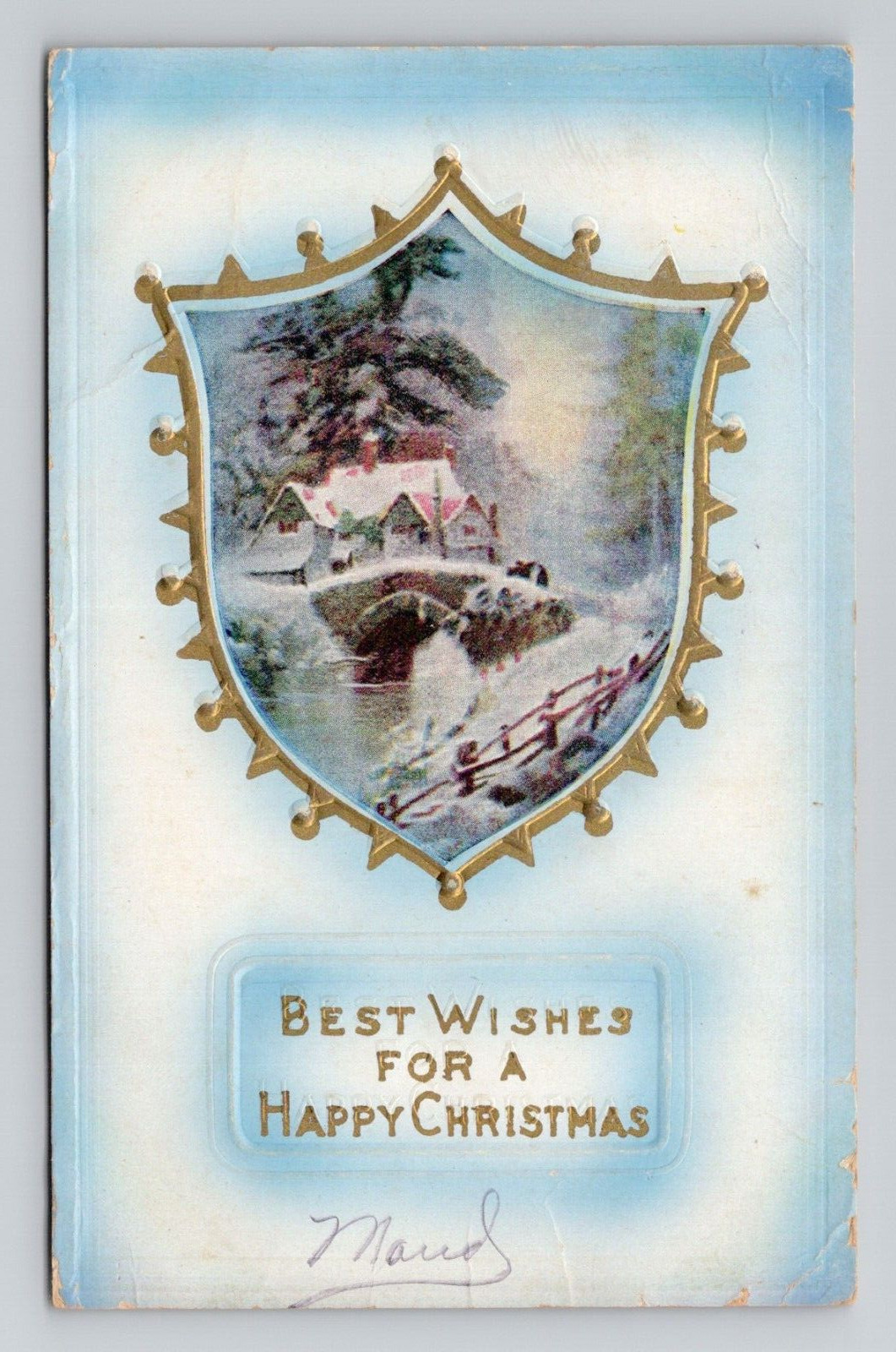 Postcard Christmas Greeting w/ Snowy Bridge & Village, Antique B10