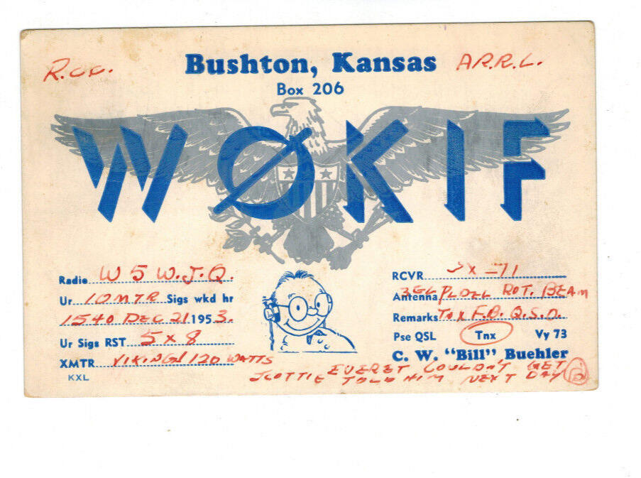 Ham Radio Vintage QSL Card     W0KIF   1953   Bushton, Kansas