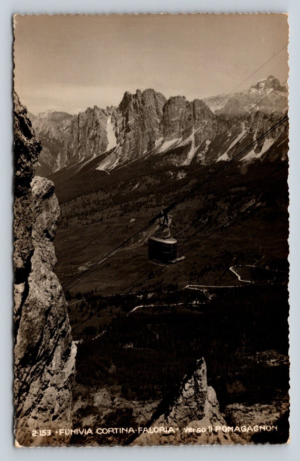 RPPC Postcard Pomagagnon Mountain Cable Car Italian Ski Resort Cortina d'Ampezzo