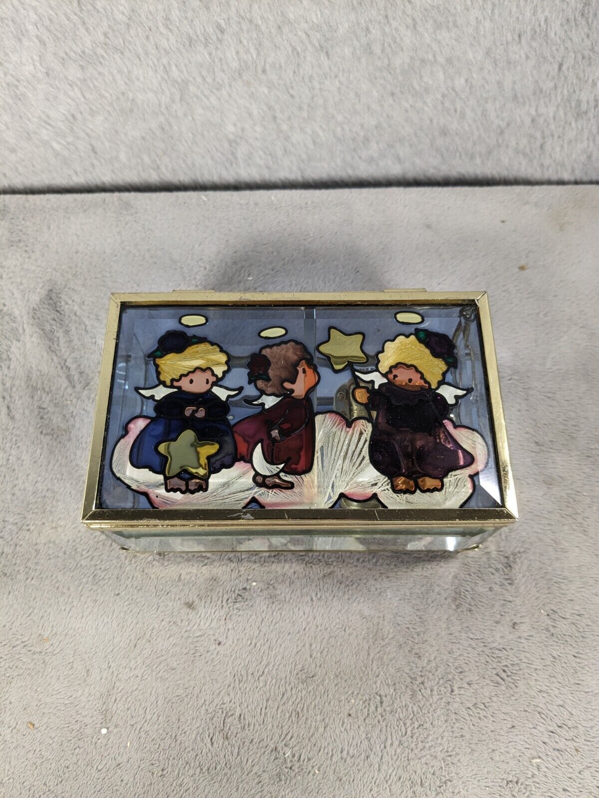 Vintage Small Glass Angel Trinket Music Box Stained Glass Look With 3 Angels