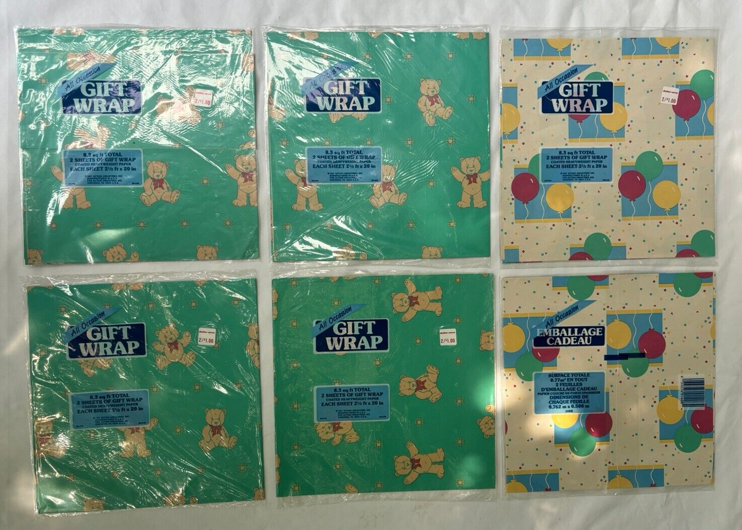 Vtg 80s Action Birthday Bear & Balloons Kids Gift Wrap Paper Lot ~ 10 Sheets