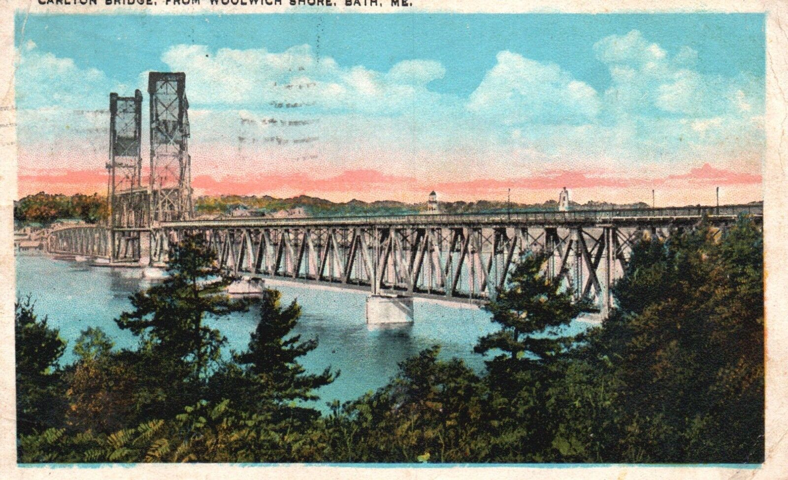 Postcard ME Bath Maine Carlton Bridge from Woolwich Shore 1933 Vintage PC G9473