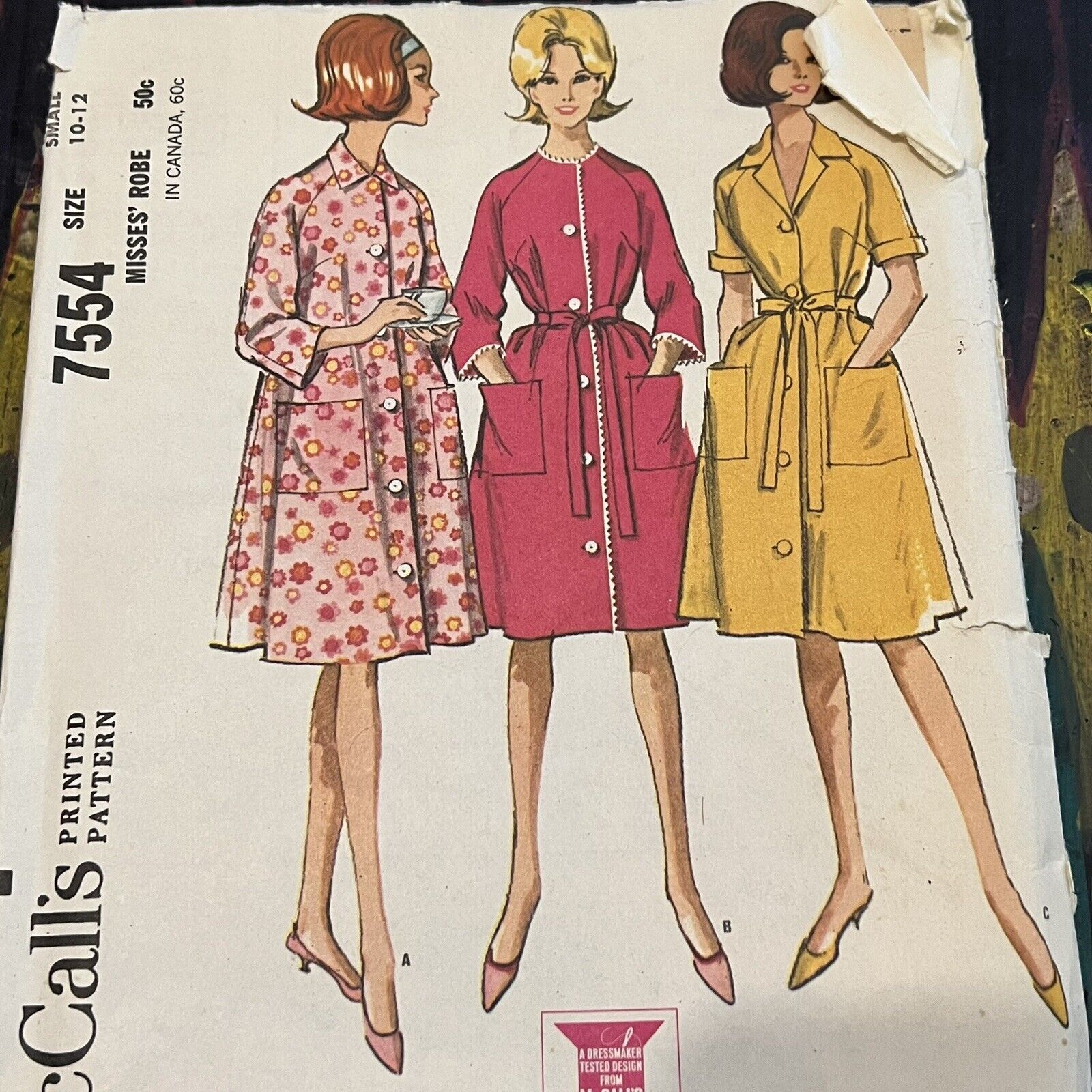 vintage 1960s McCalls 7554 Front Button Robe w/ Pockets Sewing Pattern Small CUT