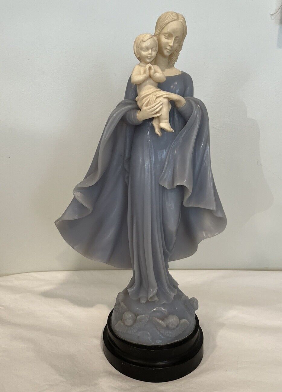 RARE Vintage 13.5” Gino Ruggeri Italy BLUE  Alabaster Madonna Mary Baby Jesus
