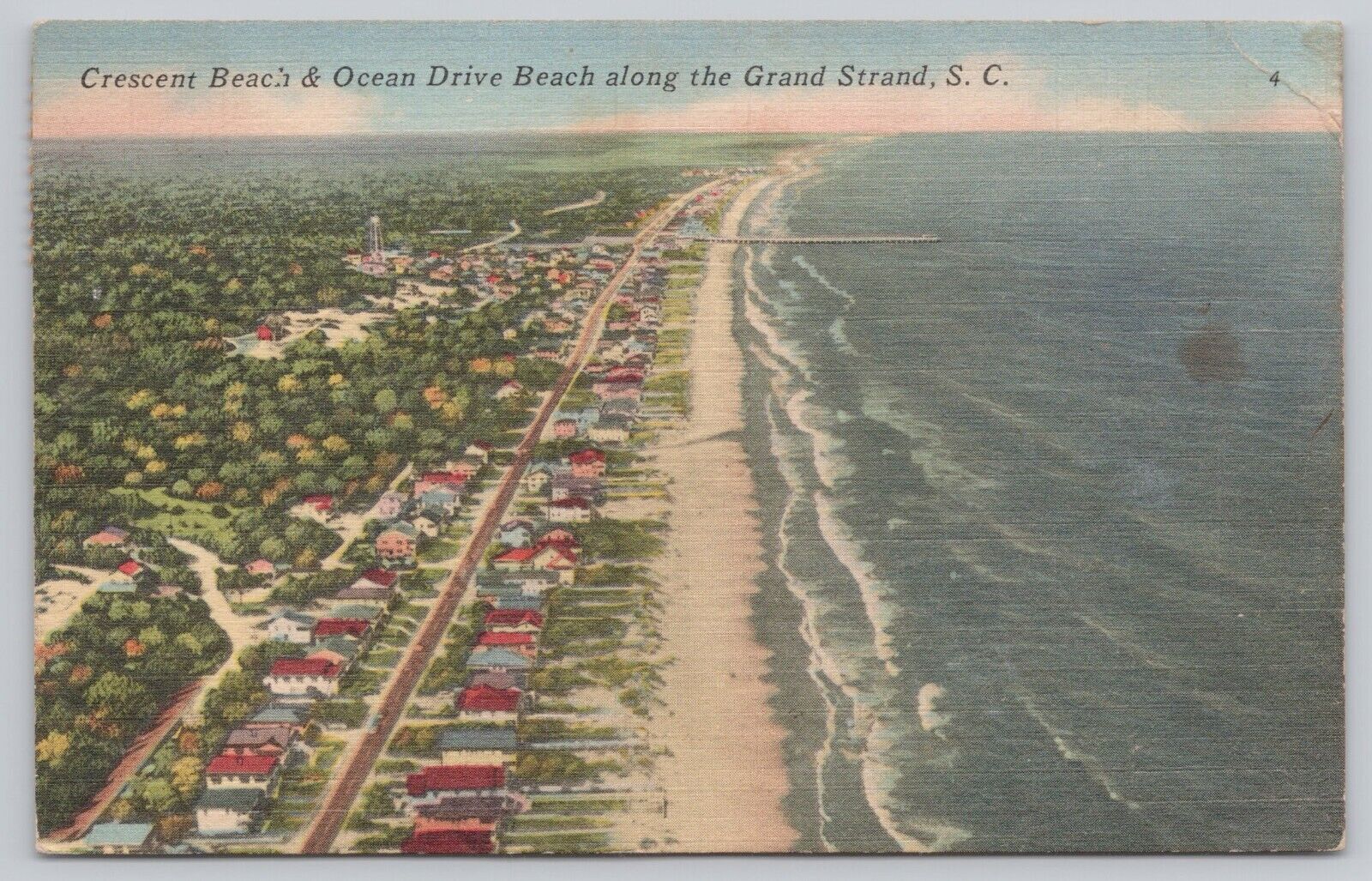 Crescent Beach Ocean Drive Grand Strand South Carolina VTG Linen Postcard Aerial