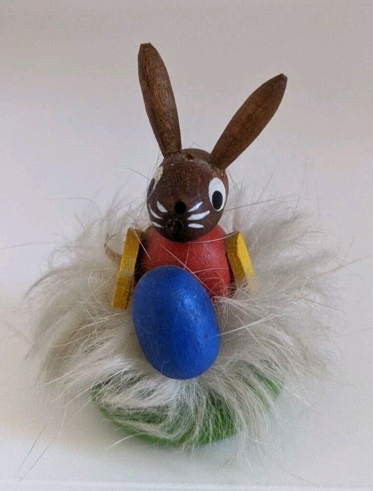 Steinbach Volkskunst Easter Bunny Brown Bunny With Blue Egg With Fur Vintage 